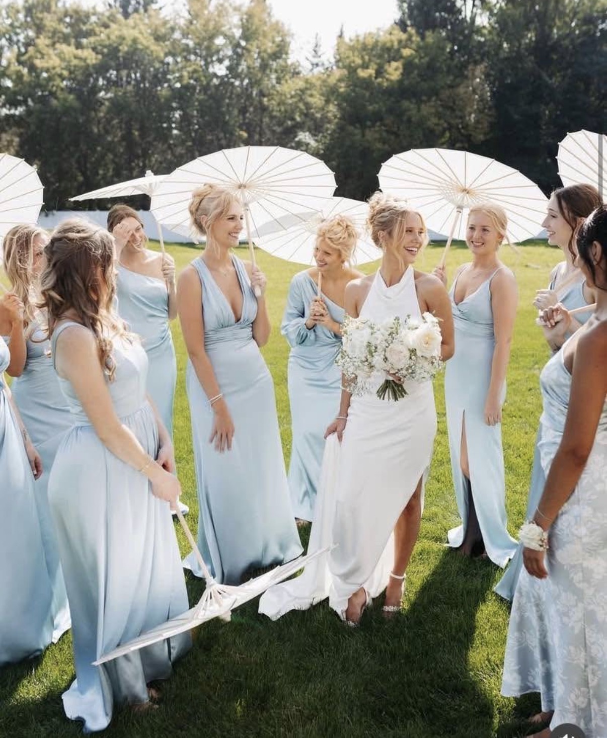 Bride and large bridal party celebrating outdoors